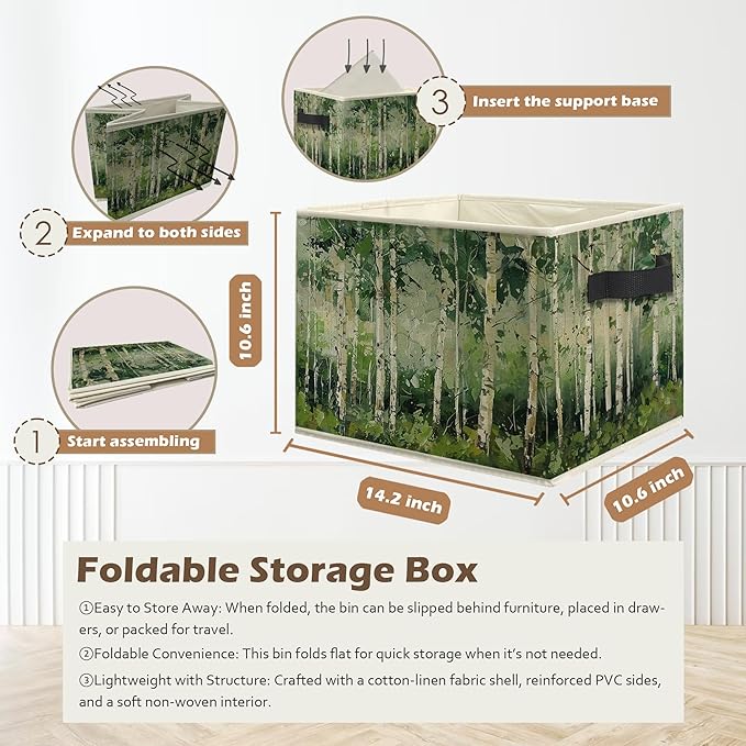 Modern Abstract Birch Tree Storage Box Bins, Green Forest Nature Landscape Collapsible Storage Basket Organizer for Bedroom L