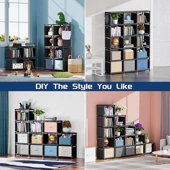 Mavivegue Bookshelf,15 Cube Storage Organizer,Book Shelf Organizer,Tall Bookcase Shelf,Book Cases/Shelves,Black Cube Shelf,Cu