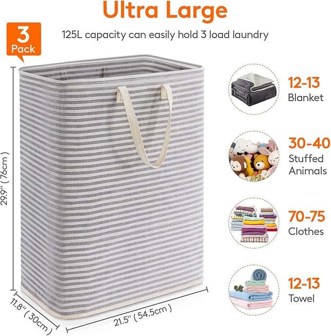 Lifewit 3 Pack Laundry Basket 125L Each, Collapsible Clothes Hamper with Reinforced Handles, Freestanding Waterproof Design f