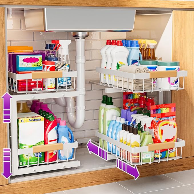 ADBIU Under Sink Organizer 2 Pack, Adjustable Height (11"-15.75") Under Cabinet Storage, 2 Tier Pull Out Sliding Drawers for 
