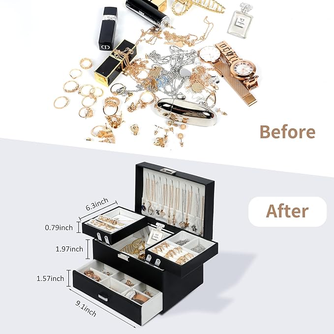 Dajasan Jewelry Organizer Box, Large Jewelry Boxes for Women Girls, Space-Saving 3 Layers Jewelry Storage Case with Drawer, M
