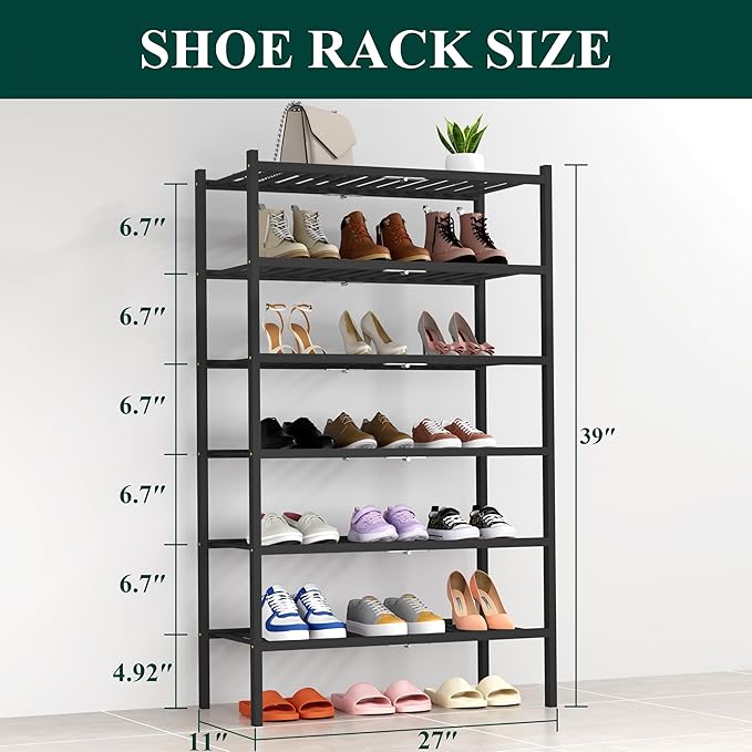 Smiry Shoe Rack, 6 Tier Thick Bamboo Shoe Organizer, Stackable Free Standing Wooden Shoe Storage Shelf for Closet, Entryway, 