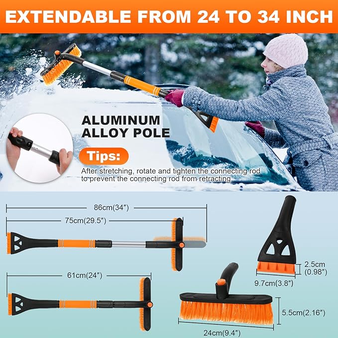2Pack Ice Scrapers for Car Windshield, 2-in-1 Snow Scraper and Snow Brush for Car SUV Truck, Car Ice Windshield Scraper for Ice and Snow with 360° Pivoting Brush and Ergonomic Foam Grip Blue Orange