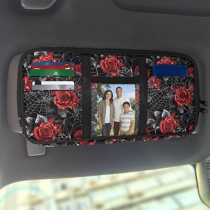 Car Sun Visor Storage Bag,Rose Pattern Auto Interior Accessories Pocket Organizer, Multi-Pocket Visor Organizer Storage Pouch Fits Most Vehicles