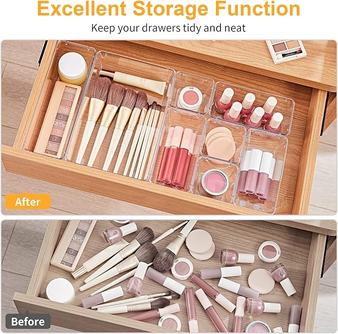 SMARTAKE 28 Piece Drawer Organizers with Non-Slip Silicone Pads, 4-Size Desk Drawer Organizer Trays Storage Tray for Makeup, 