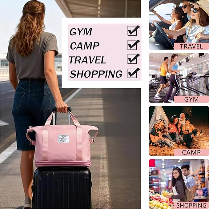 Expandable Foldable Duffel Bag with Detachable Rolling Wheels, Large Carry-On Luggage for Travel, Gym, Camping, Shopping, Business Trip (Pink)