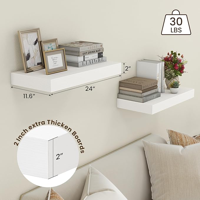 Deep Floating Shelves | 24 Inch White Floating Shelves Set of 2 | 12 Inch Deep Rustic Wood Shelves for Wall | 24" W x 12" D W