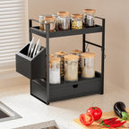 Kottwca 2-Tier Bathroom Counter Organizer with Drawer, Basket & Hooks, Wooden Vanity Shelf for Skincare, Perfume & Makeup Sto