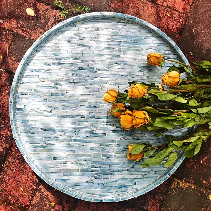 i-lan 17-inch Mother of Pearl Lazy Susan – Blue Brick Pattern Rotating Turntable with Smooth Spin, Large Decorative Tray for 