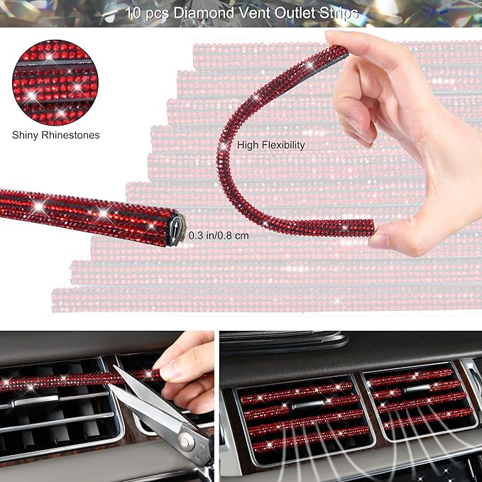 CAR PASS 30 PCS Bling Diamond Car Accessories Set for Women, Bling Steering Wheel Covers 15 Inch, Shining Rhinestone License Plate Frame, Sparkly Phone Holder, Cute Interior Set Decorations, Red