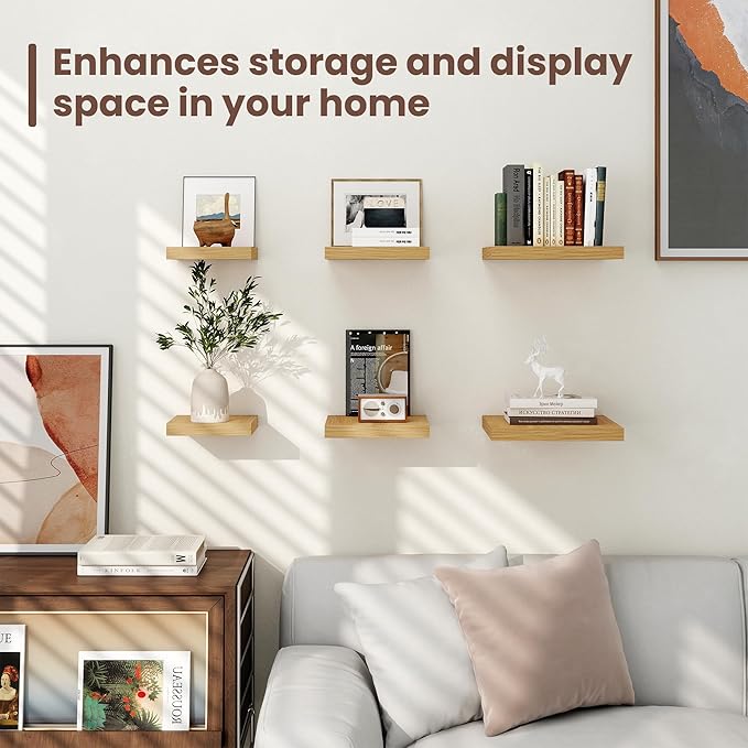 Fun Memories Square Floating Shelves for Wall - 9.3 Inch Deep Floating Shelves with Invisible Brackets, Oak Small Wall Shelf 