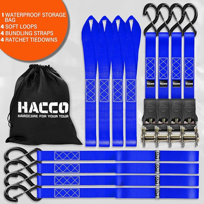 Ratchet Tie Down Straps, 2340lb Break Strength, 4pc 1inch x 16FT Ratchet Strap Set with Padded Handles & Coated S Hook W/Safety Clip, Cargo Strap Tie-Down for Motorcycle, Truck (Blue)