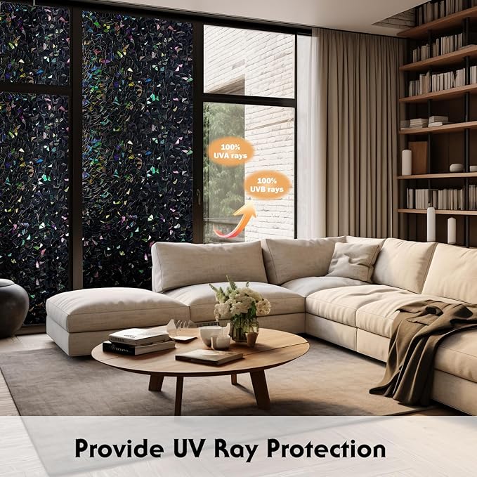 Volcanics Total Blackout Window Privacy Film with Installation Tools, Rainbow Room Darkening Black Window Cover, Static Cling 100% Light Blocking 35.4 x 78.7 Inches