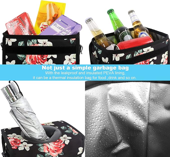 Car Trash Can Leak Proof Car Trash Bag Waterproof Car Garbage Can with Lid Collapsible and Portable with Storage Pocket, Large/Flower, 3 Gallons
