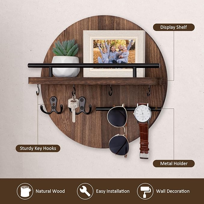 Nekon Key Holder Wall Mount, 11.8 Inch Rack With Shelf and 6 Hooks, Rustic Mail Organizer, Circular Wooden Hanger for Entrywa