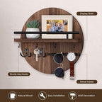 Nekon Key Holder Wall Mount, 11.8 Inch Rack With Shelf and 6 Hooks, Rustic Mail Organizer, Circular Wooden Hanger for Entrywa