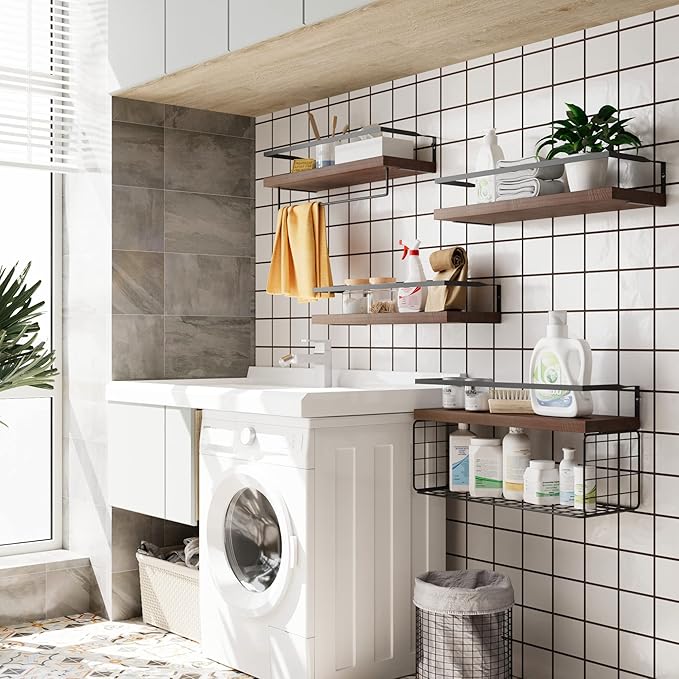Wood Floating Shelves Wall Mounted - 4+1 Tier Rustic Bathroom Wall Shelves Over Toilet with Wire Storage Basket and Towel Bar