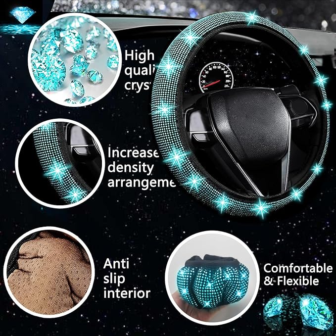 NBTEPEM 27 PCs Aquamrine Bling Car Accessories Set for Women, Steering Wheel Covers Universal Fit 15 Inch, Bling License Plate Frame, Bling Phone Holder, Bling Car Coasters (Aquamrine Diamond)