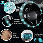NBTEPEM 27 PCs Aquamrine Bling Car Accessories Set for Women, Steering Wheel Covers Universal Fit 15 Inch, Bling License Plate Frame, Bling Phone Holder, Bling Car Coasters (Aquamrine Diamond)