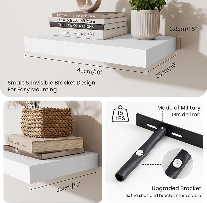 Fun Memories Wood Floating Shelves 16 Inch, 10 Inch Deep Shelves Wall Mount, Wall Shelves with Invisible Bracket, 16" Floatin