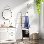 67-Inch Farmhouse Blanket Ladder with Basket, Rustic Wooden Display Ladder for Throws, Blankets, Quilts & Towels, Sturdy Wall