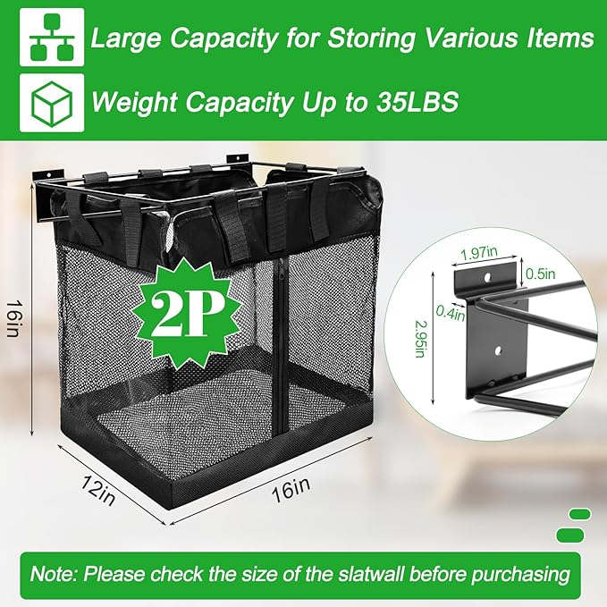 Large Slatwall Baskets, AHIER 2 Pack Collapsible Mesh Slatwall Organizer with Zipper, Hanging Slat Wall baskets High Capacity