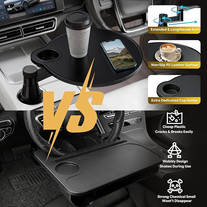Car Tray & Desk for Laptop, Dual 360° Rotating, Anti-Slip Leather Surface, Steering Wheel Tray, Car Accessories- Compatible with Tesla Model Y/3/S, Ford F150/Explorer/Most Vehicles