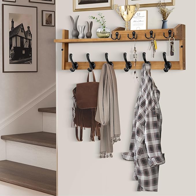 Coat Rack Wall Mount with Shelf, 27.5" Entryway Wall Hanging Shelf, Coat and Key Hanger with 10 Dual Hooks, Mail Organizer an