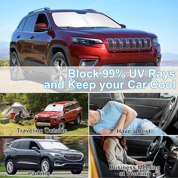 3PCS Car Window Shades Front Windshield Sun Shade Foldable Window Shade Custom Fit for Jeep Cherokee 2016-2019 Accessories Car Shades for Front Windows Anti-UV Rays Block Heat