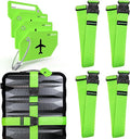 Untethered Ultimate Travel Set: 4 Premium Luggage Straps and 4 Silicone Tags - Secure & Identify Your Bags with Ease (Green +