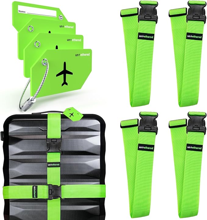 Untethered Ultimate Travel Set: 4 Premium Luggage Straps and 4 Silicone Tags - Secure & Identify Your Bags with Ease (Green +