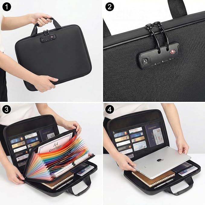 Calenzana Fireproof Document Boxes with TSA Lock, Upgraded 16 Pockets Fireproof＆Water Resistant File Organizer, Hard-Shell Sa