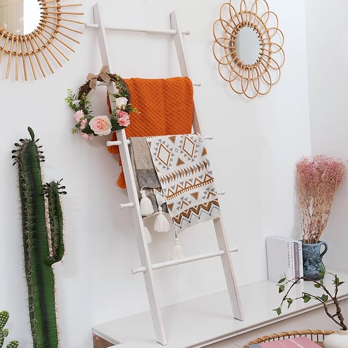 5-Tier Blanket Ladder – 4.8 Ft Wall Leaning Quilt Rack, Farmhouse Blanket Storage for Living Room, Bedroom & Bathroom – Rusti