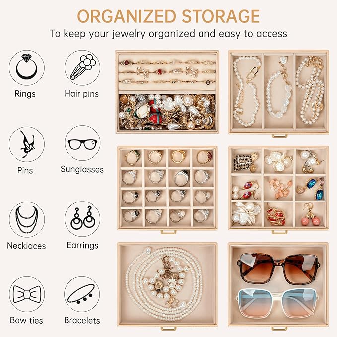 AKOZLIN 6-Tier Jewelry Box Organizer Functional 5 Drawers Leather Jewelry Storage Case for Women Girls Ring Necklace Earring 
