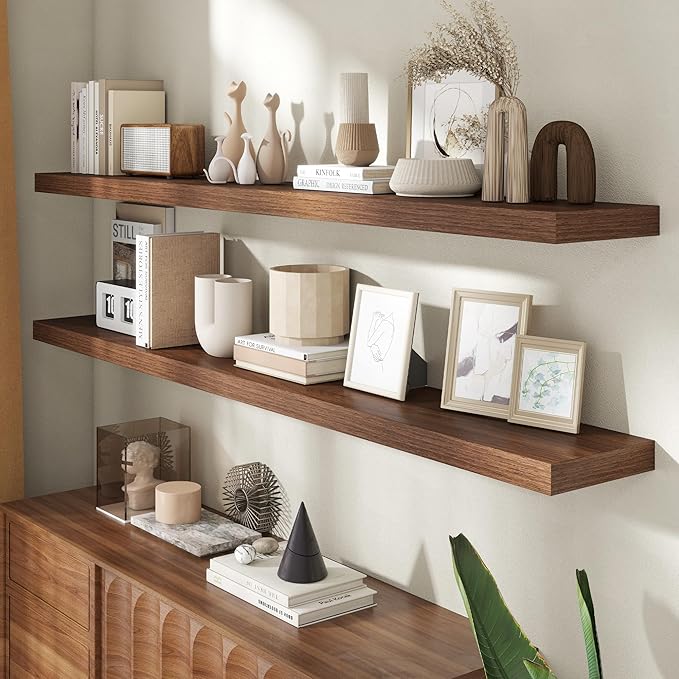 72 Inch Floating Shelves for Wall, 8 Inch Deep Floating Shelf for Storage & Display, Rustic Wall Mounted Shelf with Invisible