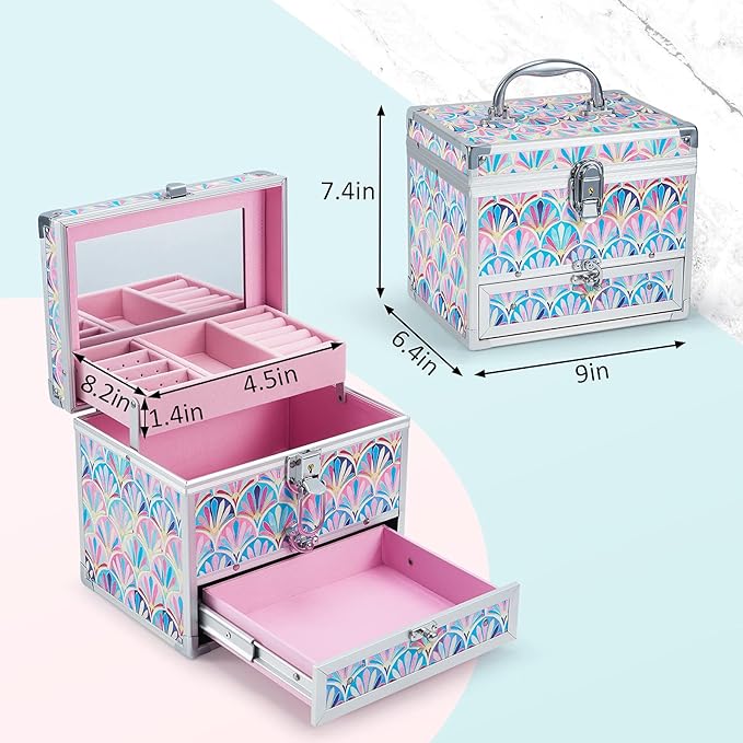 Hododou Girls Jewelry Box Organizer with Drawer & Mirror, Mermaid Tail Style Lockable Storage Case for Kid or Little Girls Je