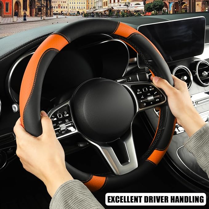 Microfiber Leather D Shaped Steering Wheel Cover, Breathable, Anti Slip, Universal 15 inch, Black with Orange