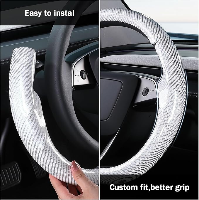 Steering Wheel Cover for Tesla Model 3 2024-Present Highland/Tesla Model Y Juniper 2025-Present, Carbon Fiber Steering Wheel Cover for Tesla Model 3 Highland/Y Juniper Accessories, Glossy White
