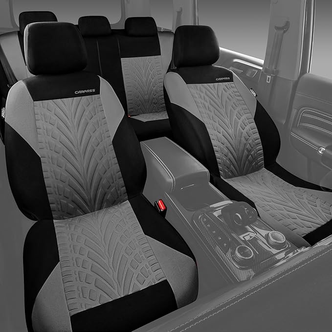 CAR PASS Car Seat Covers Full Sets, Front & Split Rear Bench for Car, 3D Tyre Embossed Automotive Interior Covers, Airbag Com