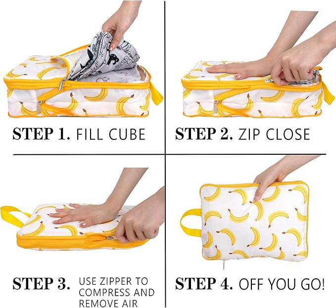 Compression Packing Cubes for Suitcases, 6 Set Cute Fruit Luggage Organizer, Lightweight Waterproof Expandable/Compression Ba
