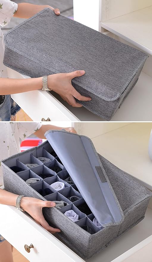 MURRI&MURRDI 2 Packs Sock and Underwear Storage Closet Organizer with Lids, 30 Cells Foldable Drawer Divider, Linen Cotton St