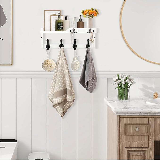 dreampossible Coat Rack Wall Mount with Shelf, Coat Hanger Wall Mount with Key Hooks and Mail Holder, Wood Entryway Floating 