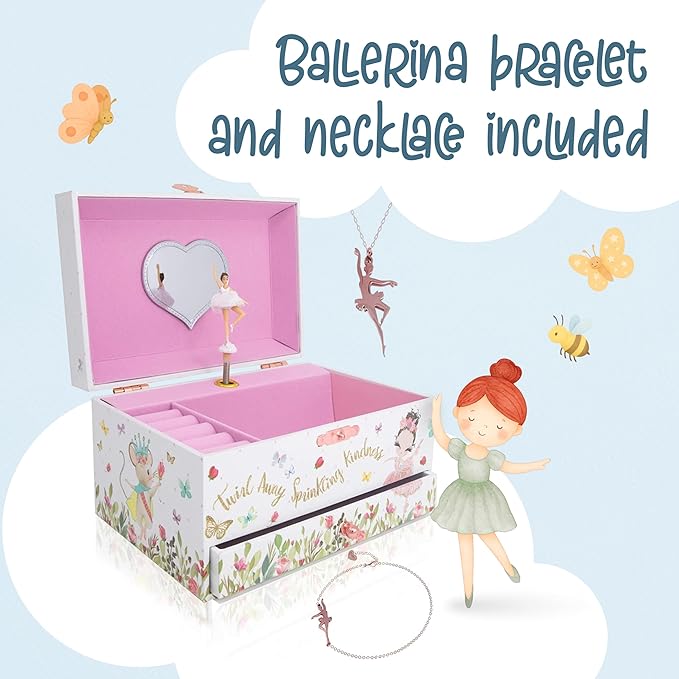 The Memory Building Co Ballerina Musical Jewelry Box Plays Classic Melody, Storage Organizer Music Box for Kids Ages 6-12, MD
