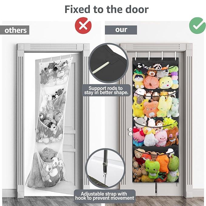 Woodoulogy Hanging Stuffed Animal Storage, Over Door Large Plush Toy Organizer with Metal Hook, Baby Accessory Holder Idea fo