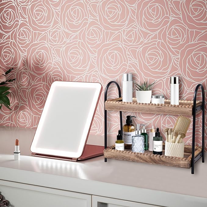 BDBDYEAY Bathroom Countertop Organizer, 2 Tier Vanity Organizer and Storage for Cosmetic Skincare Perfume, Wood Bead Storage 