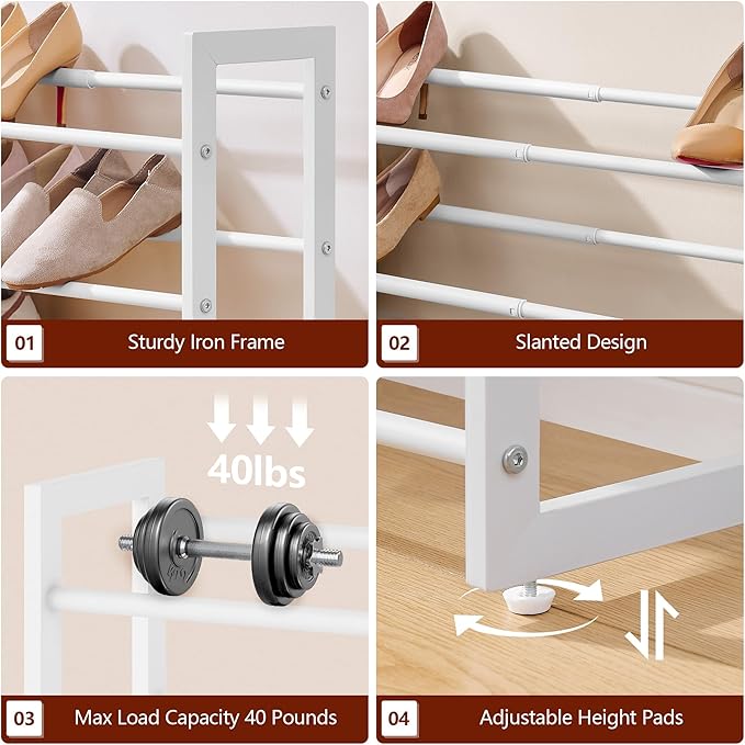 FAVOOSTY 3-Tier Expandable Shoe Rack, Adjustable Shoe Shelf Storage Organizer Space Saving Metal Free Standing Shoe Rack for 