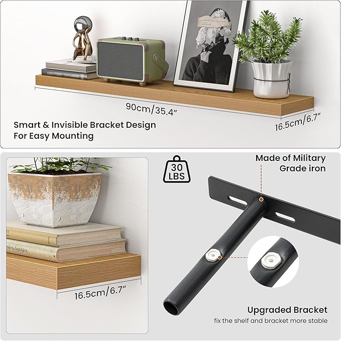 Heimlove 36 Inch Floating Shelves for Wall,Mounted Storage & Display Wood Shelves with Invisible Brackets,Hanging Shelf for B