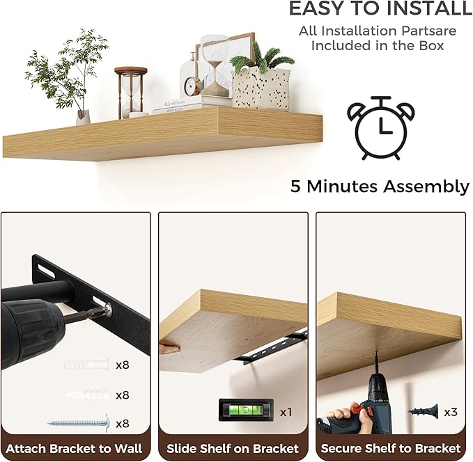Floating Shelves for Wall, 40" W x 12" D x 2" H, 1 Pack of Long Wall Mounted Engineered Wood Shelves with Invisible Brackets 