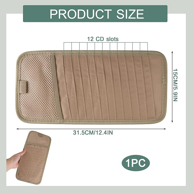Sun Visor CD Holder, 12-Capacity Car Visor Organizer with DVD Sleeves and Mesh Pocket, Universal Visor Storage for Vehicle CD Case and Pen Holder Ergonomic Design (Khaki 1 Pcs)