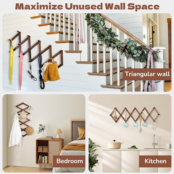 Cozcty Accordion Wall Hanger, Wooden Hat Rack for Wall with 16 Hooks, Expandable Peg Hat Hanger Organizer, Decorative Coat Ra